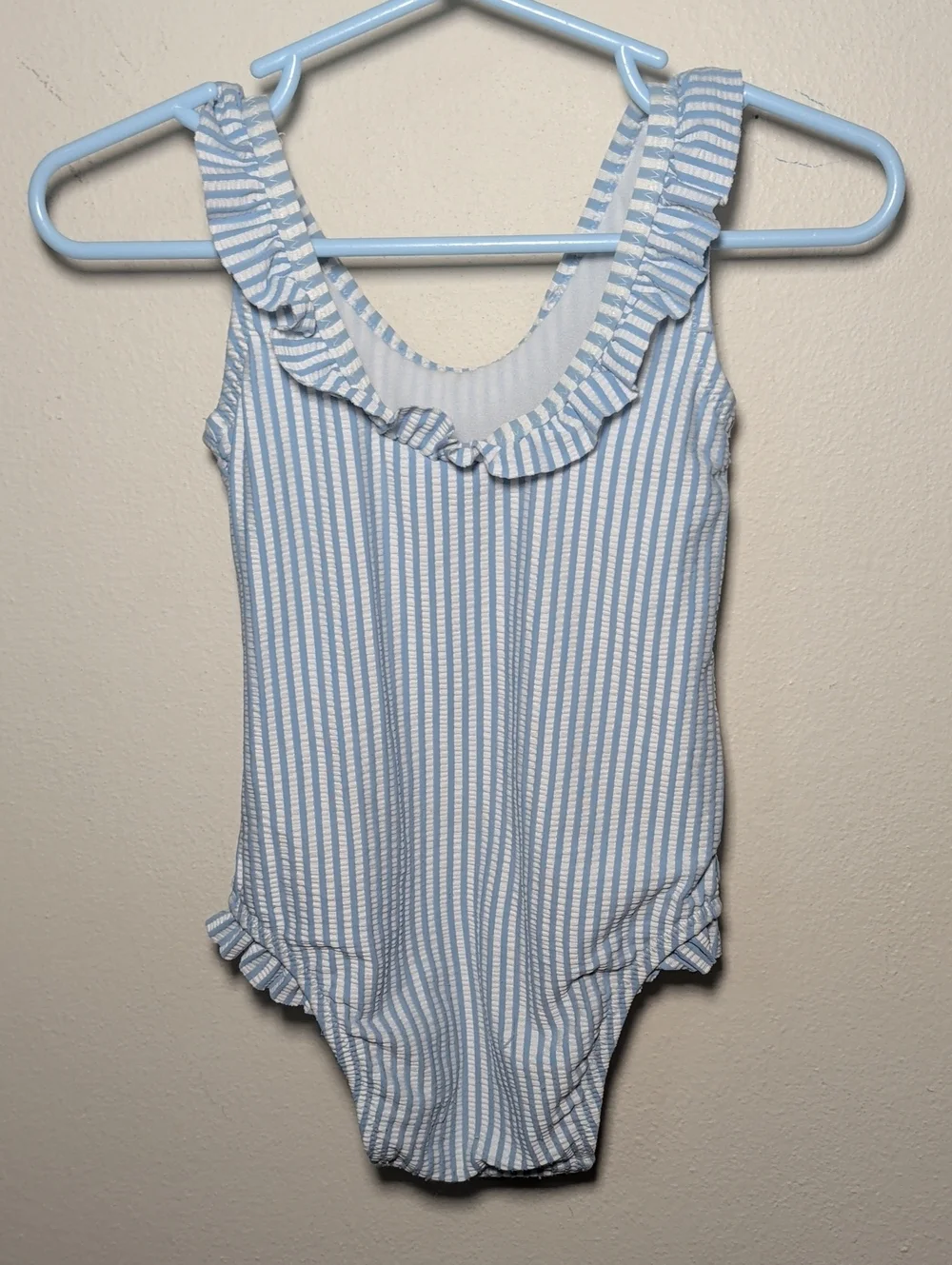 Old Navy One-Piece Baby Girl Swimsuit Blue + White Striped Ruffle Collar 18-24M